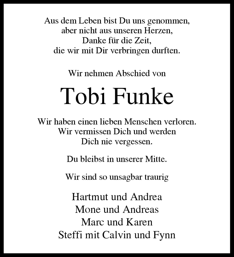  Traueranzeige für Tobi Funke vom 22.07.2023 aus Westfalen Blatt