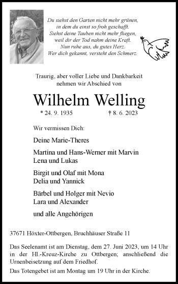 Traueranzeige von Wilhelm Welling von Westfalen-Blatt