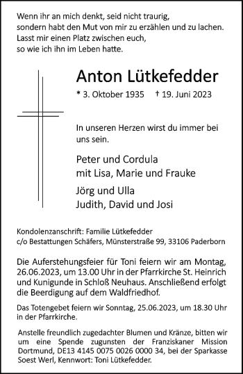 Traueranzeige von Anton Lütkefedder von Westfalen-Blatt