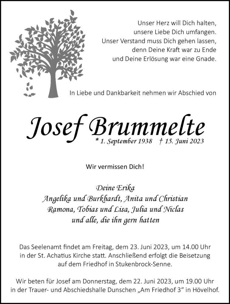  Traueranzeige für Josef Brummelte vom 20.06.2023 aus Westfalen-Blatt