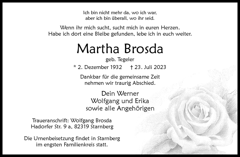  Traueranzeige für Martha Brosda vom 26.07.2023 aus Westfalen Blatt