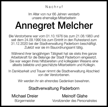 Traueranzeige von Annegret Melcher von Westfalen Blatt
