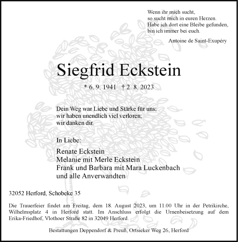  Traueranzeige für Siegfrid Eckstein vom 12.08.2023 aus Westfalen Blatt