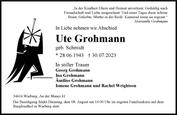 Traueranzeige von Ute Grohmann von Westfalen Blatt