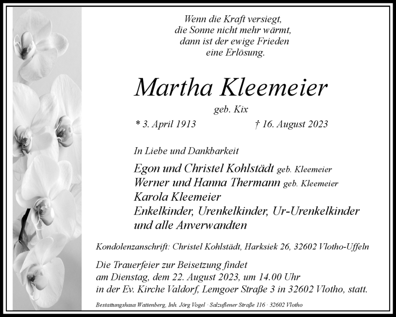  Traueranzeige für Martha Kleemeier vom 19.08.2023 aus Westfalen Blatt