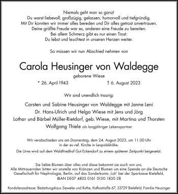 Traueranzeige von Carola Heusinger von Waldegge von Westfalen Blatt