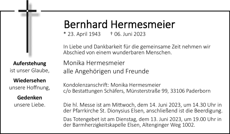  Traueranzeige für Bernhard Hermesmeier vom 10.06.2023 aus Westfalen-Blatt