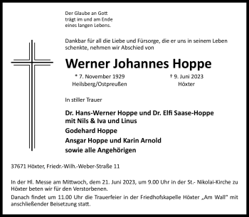 Traueranzeige von Werner Johannes Hoppe von Westfalen-Blatt