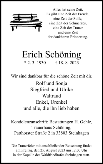 Traueranzeige von Erich Schöning von Westfalen Blatt