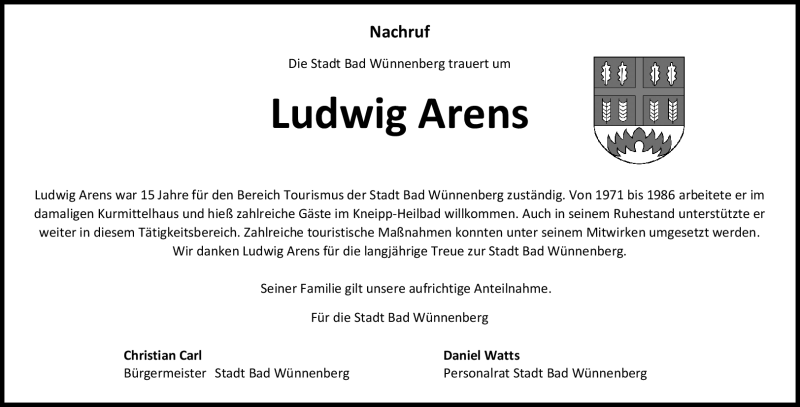  Traueranzeige für Ludwig Arens vom 12.08.2023 aus Westfalen Blatt