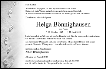 Traueranzeige von Helga Bönnighausen von Westfalen Blatt