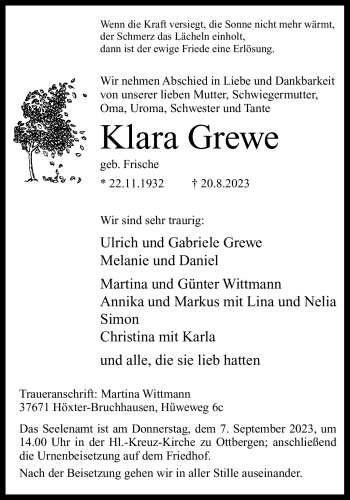 Traueranzeige von Klara Grewe von Westfalen Blatt