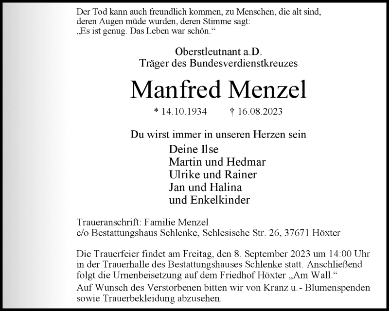 Traueranzeige für Manfred Menzel vom 26.08.2023 aus Westfalen Blatt
