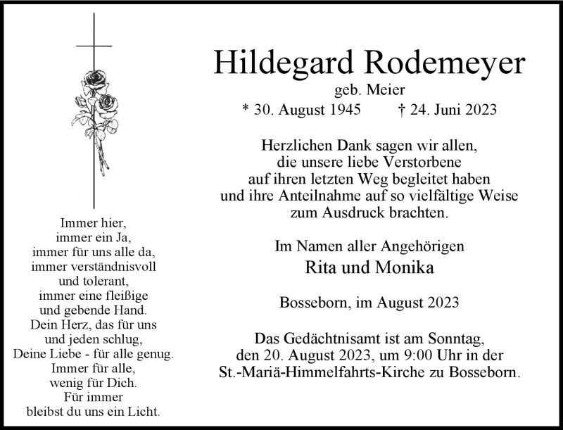  Traueranzeige für Hildegard Rodemeyer vom 12.08.2023 aus Westfalen Blatt