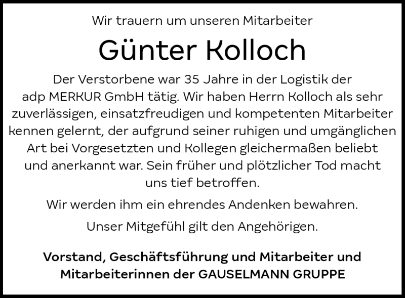  Traueranzeige für Günter Kolloch vom 31.08.2023 aus Westfalen Blatt