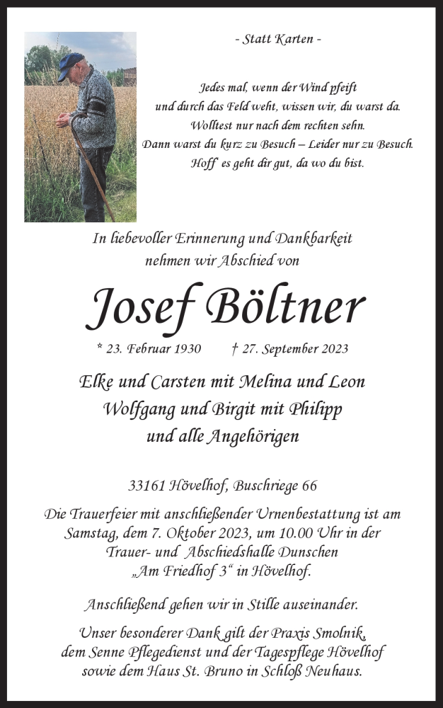  Traueranzeige für Josef Böltner vom 30.09.2023 aus Westfalen Blatt