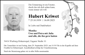 Traueranzeige von Hubert Kriwet von Westfalen Blatt