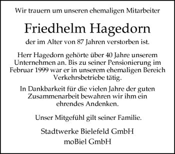Traueranzeige von Friedhelm Hagedorn von Westfalen Blatt
