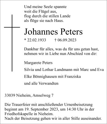 Traueranzeige von Johannes Peters von Westfalen Blatt