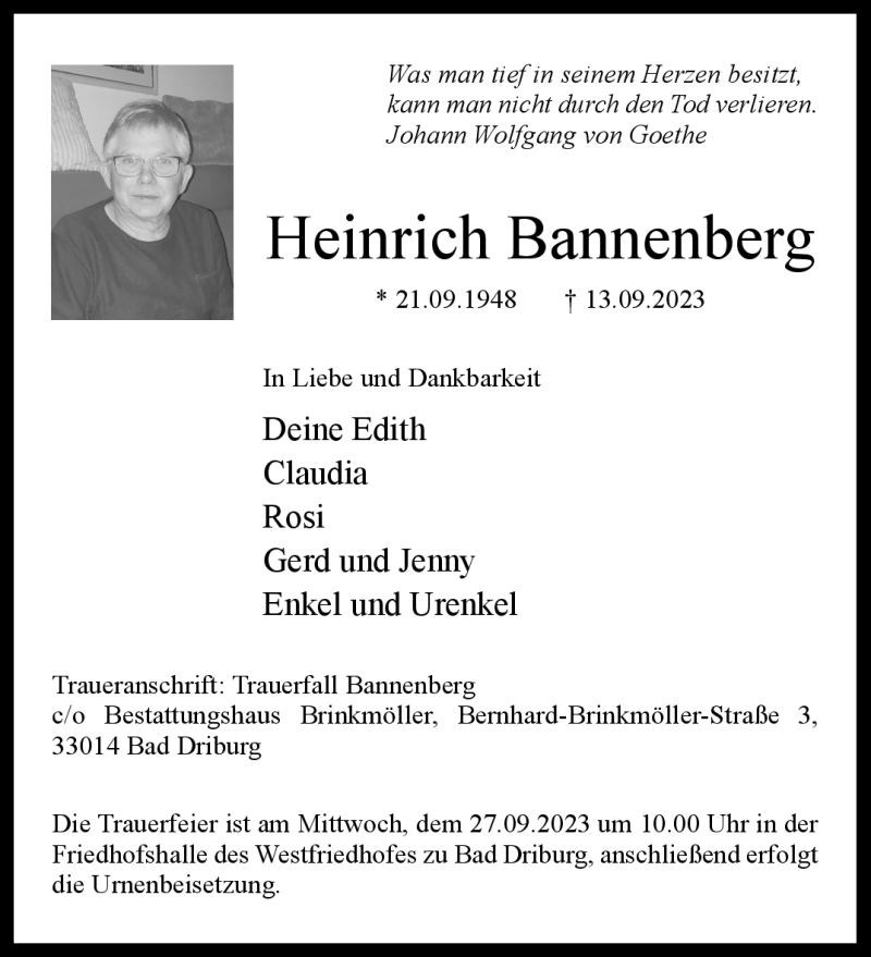  Traueranzeige für Heinrich Bannenberg vom 16.09.2023 aus Westfalen Blatt