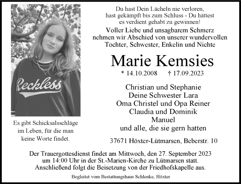 Traueranzeige für Marie Kemsies vom 23.09.2023 aus Westfalen Blatt