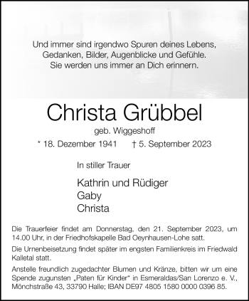 Traueranzeige von Christa Grübbel von Westfalen Blatt
