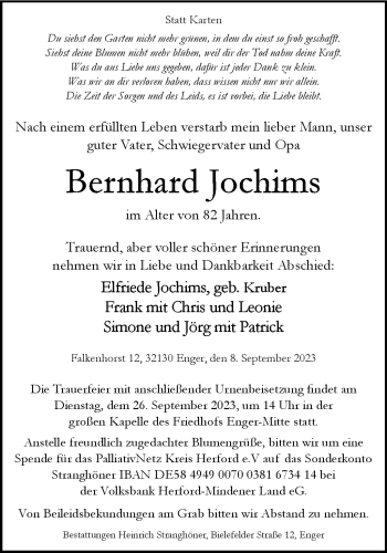 Traueranzeige von Bernhard Jochims von Westfalen Blatt