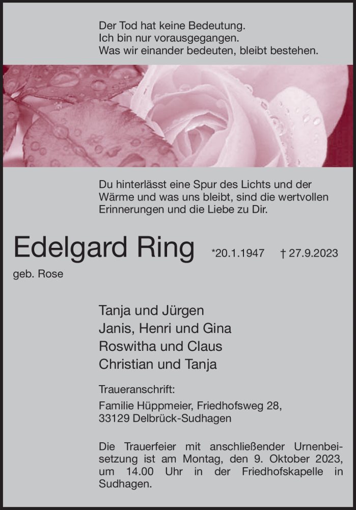  Traueranzeige für Edelgard Ring vom 30.09.2023 aus Westfalen Blatt