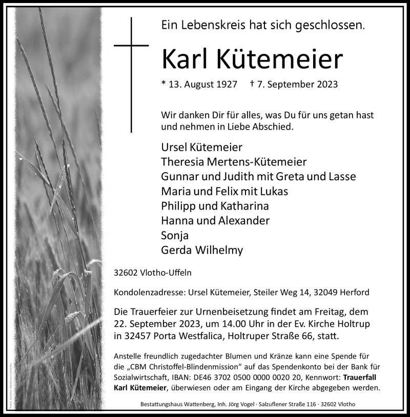  Traueranzeige für Karl Kütemeier vom 16.09.2023 aus Westfalen Blatt