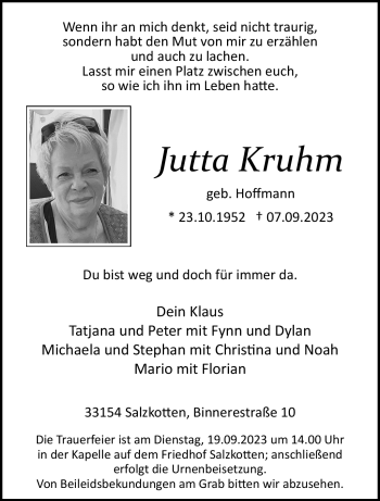 Traueranzeige von Jutta Kruhm von Westfalen Blatt