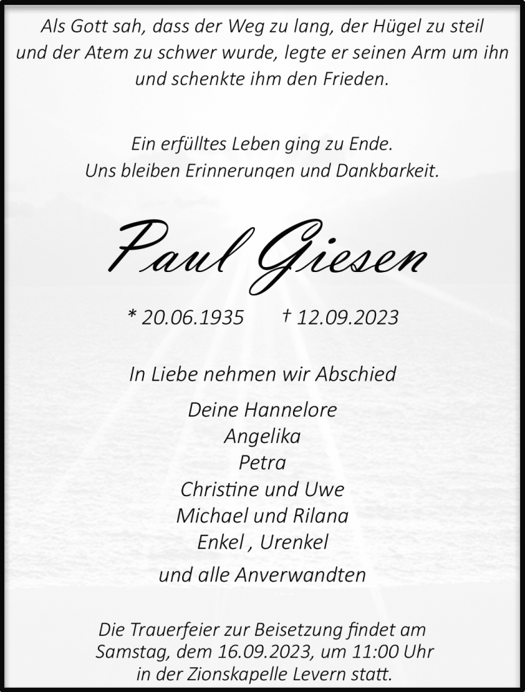  Traueranzeige für Paul Giesen vom 15.09.2023 aus Westfalen Blatt