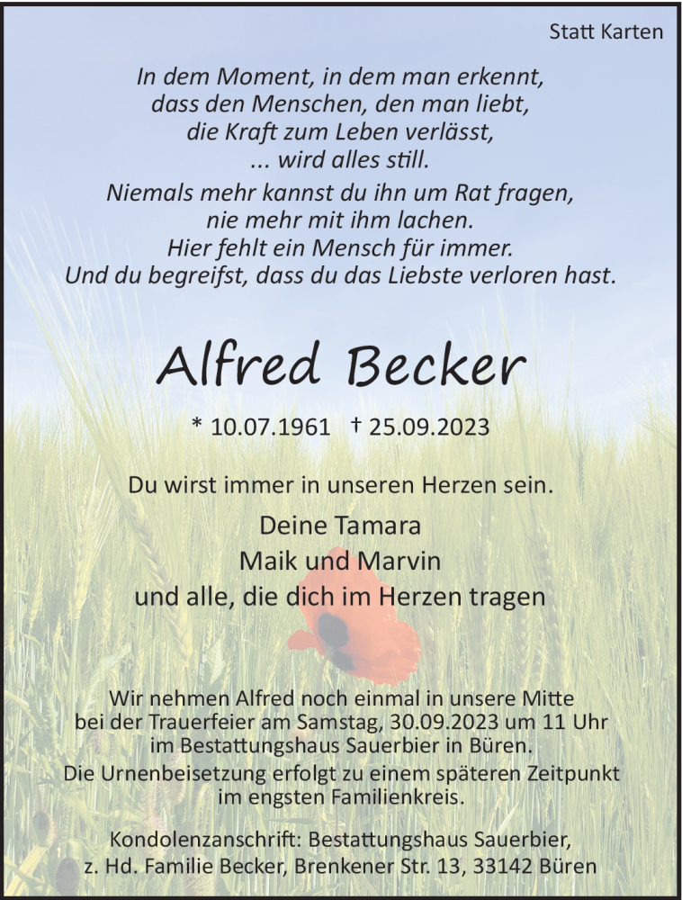  Traueranzeige für Alfred Becker vom 27.09.2023 aus Westfalen Blatt