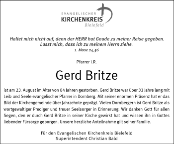 Traueranzeige von Gerd Britze von Westfalen Blatt