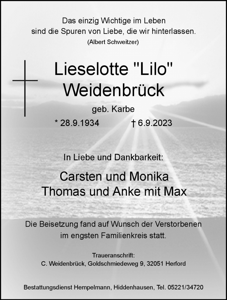  Traueranzeige für Lieselotte Weidenbrück vom 16.09.2023 aus Westfalen Blatt