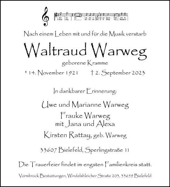 Traueranzeige von Waltraud Warweg 