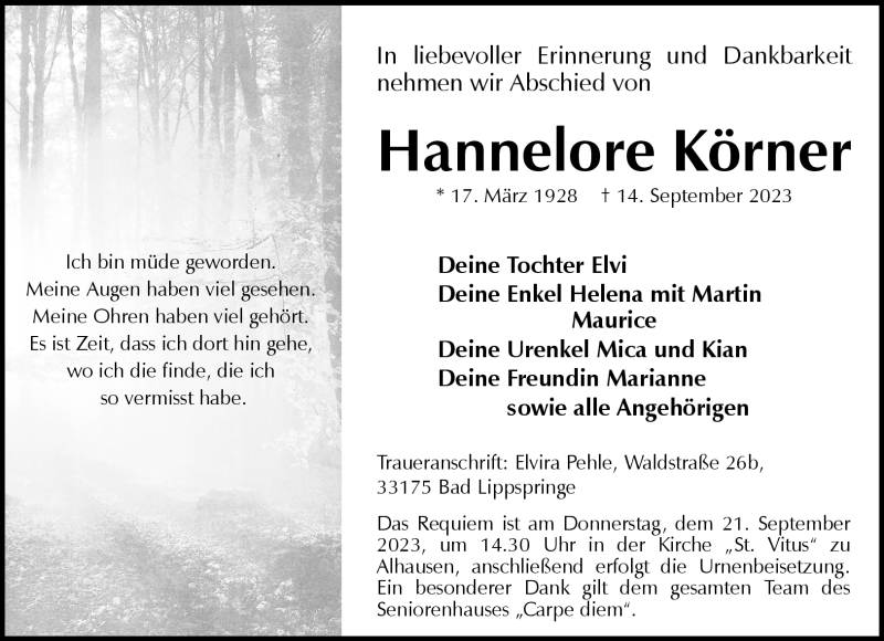  Traueranzeige für Hannelore Körner vom 16.09.2023 aus Westfalen Blatt