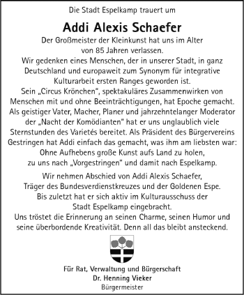 Traueranzeige von Addi Alexis Schaefer von Westfalen Blatt