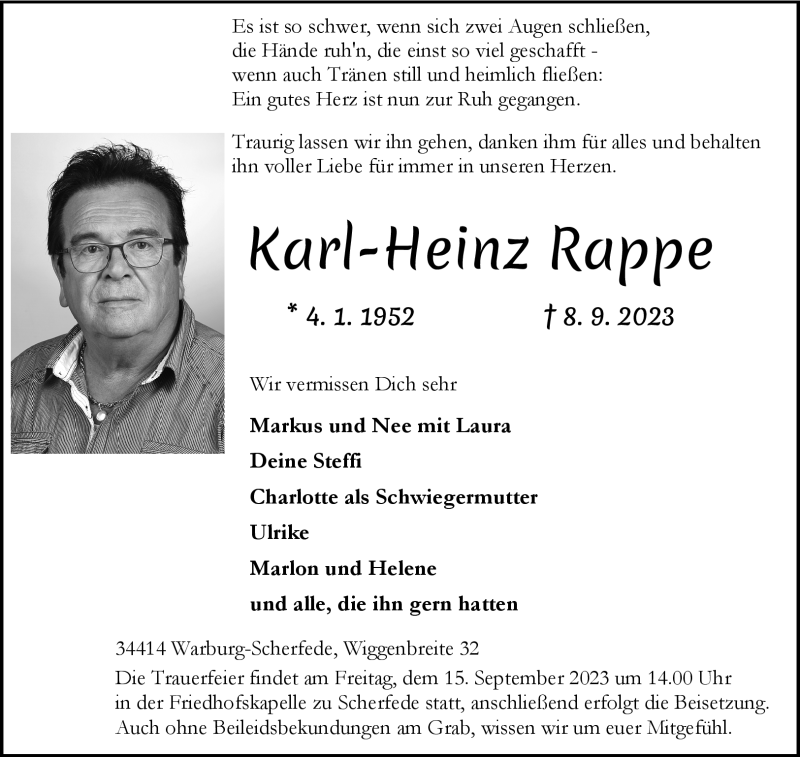  Traueranzeige für Karl-Heinz Rappe vom 13.09.2023 aus Westfalen Blatt