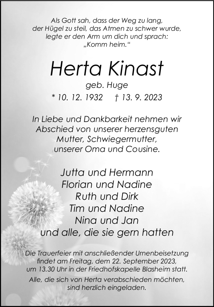  Traueranzeige für Herta Kinast vom 18.09.2023 aus Westfalen Blatt