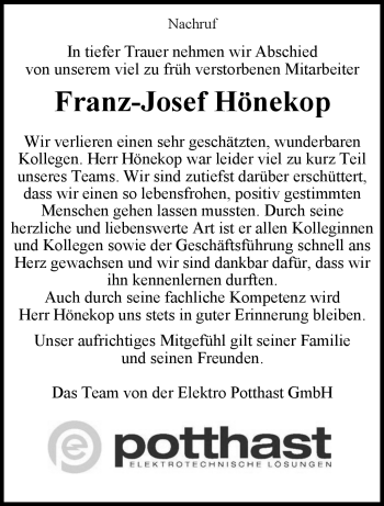 Traueranzeige von Franz-Josef Hönekop von Westfalen Blatt