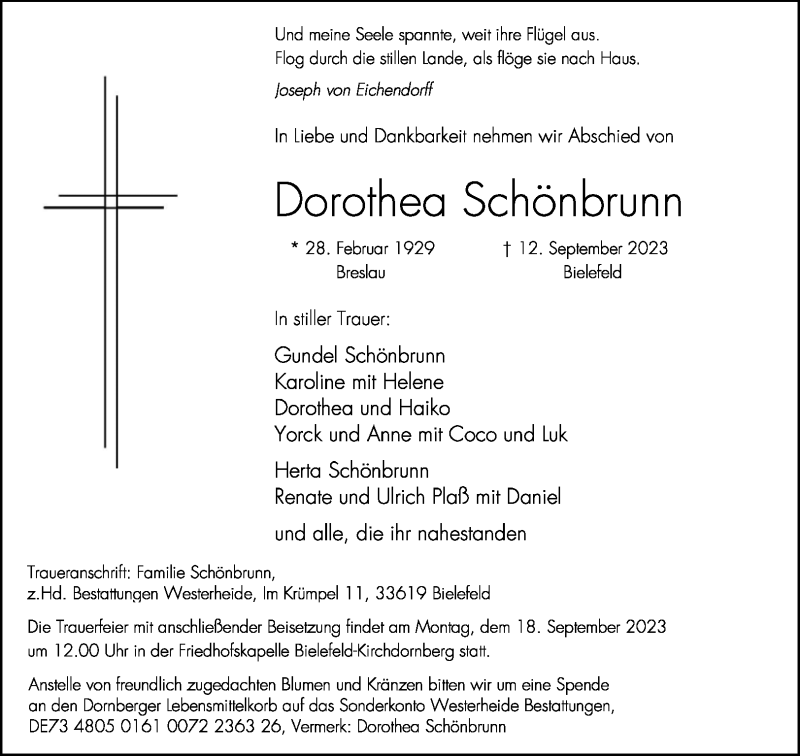  Traueranzeige für Dorothea Schönbrunn vom 15.09.2023 aus Westfalen Blatt