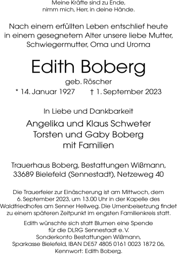 Traueranzeige von Edith Boberg von Westfalen Blatt