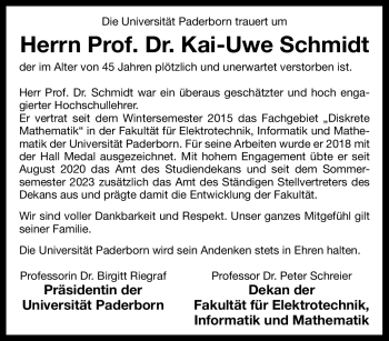 Traueranzeige von Prof. Dr. Kai-Uwe Schmidt von Westfalen Blatt