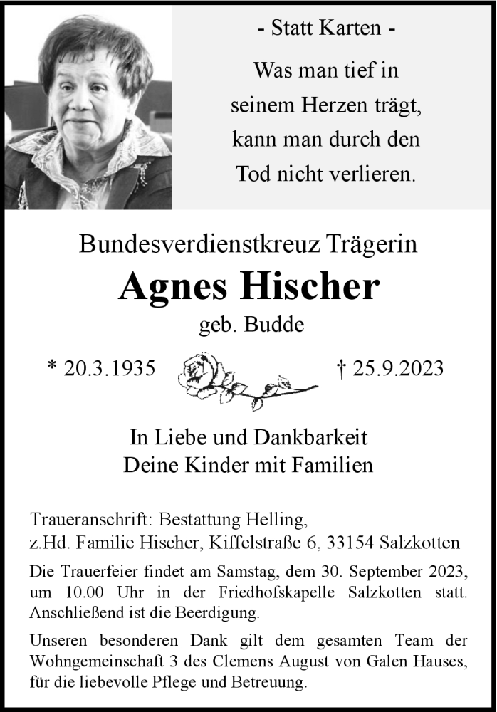 Traueranzeige für Agnes Hischer vom 27.09.2023 aus Westfalen Blatt