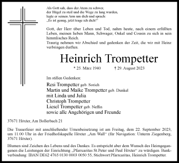 Traueranzeige von Heinrich Trompetter von Westfalen Blatt