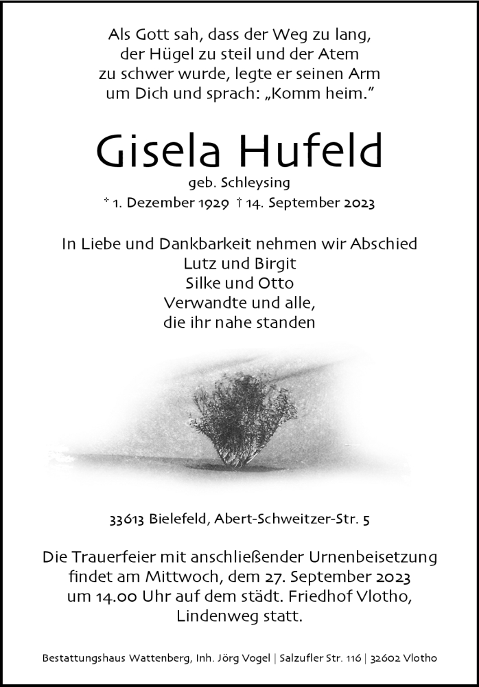 Traueranzeige für Gisela Hufeld vom 23.09.2023 aus Westfalen Blatt