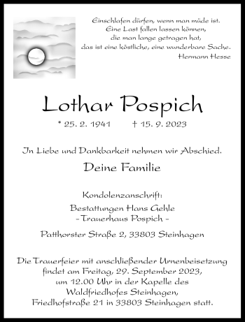 Traueranzeige von Lothar Pospich von Westfalen Blatt