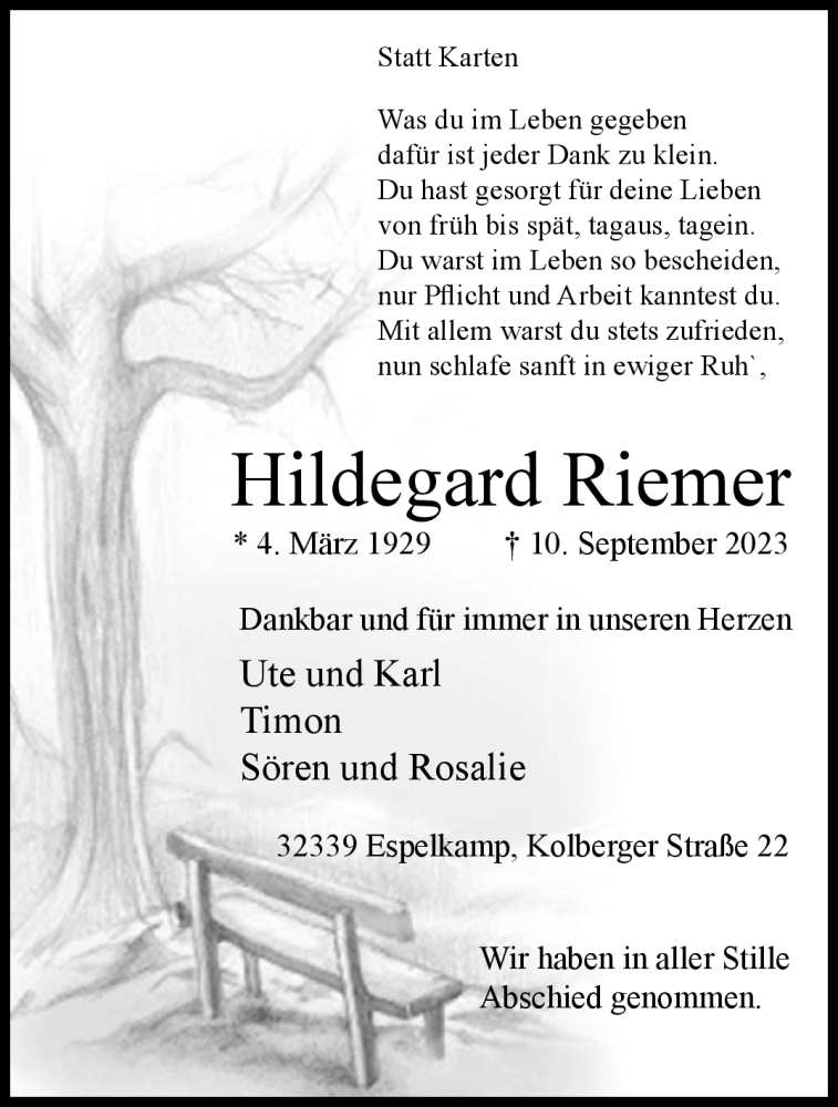  Traueranzeige für Hildegard Riemer vom 19.09.2023 aus Westfalen Blatt