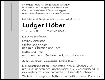 Traueranzeige von Ludger Höber von Westfalen Blatt