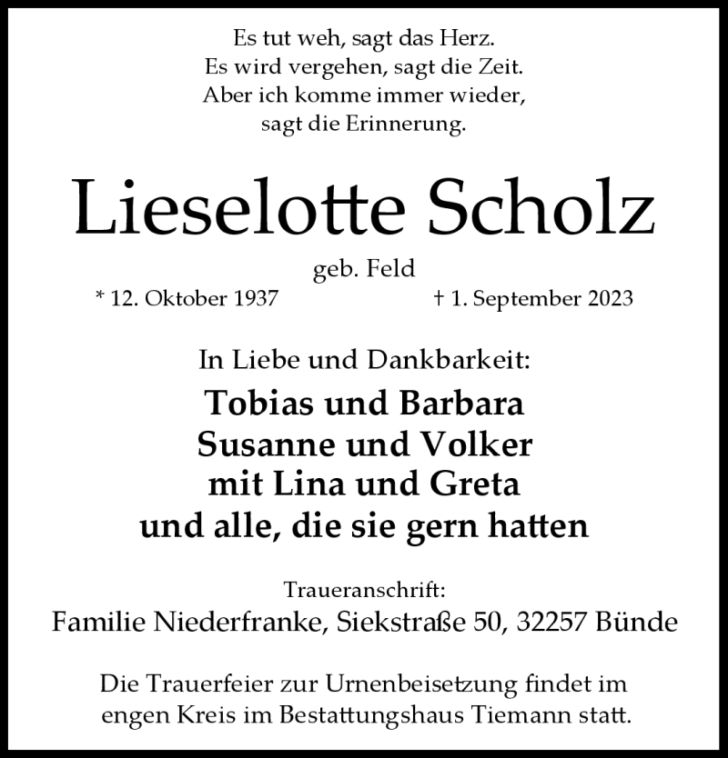  Traueranzeige für Lieselotte Scholz vom 16.09.2023 aus Westfalen Blatt